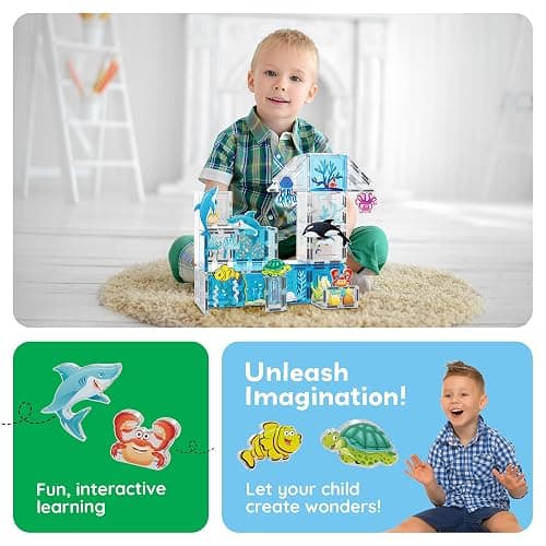 PicassoTiles Magnet Tiles Magnetic Building Blocks Aquarium Marine Animal Theme Set with 8 Character Action Figures Shark Crab Turtle STEM Toys Construction Preschool Toddlers Kids Boys Girls 3+ PTQ15 thumbnail 6
