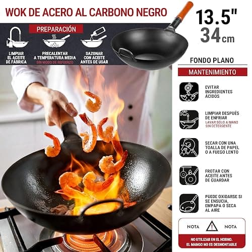 YOSUKATA Sarten Wok de Acero al Carbono 34 cm - Pre-sazonado Wok Fundo Plano - Wok Induccion Tradicional - Sin Сobertura Química - Compatible Con Cocinas de Gas, Inducción, Eléctricas y Fuego Abierto thumbnail 3