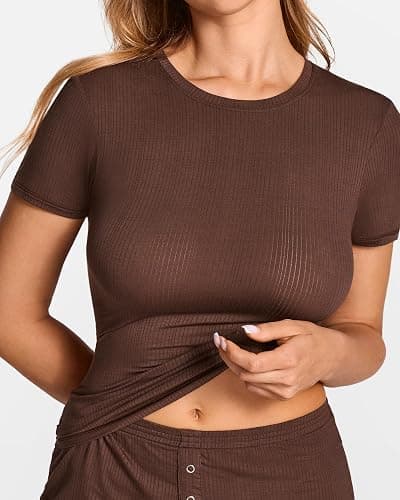 SOULVOR Natrelax Modal Ribbed Short Sleeve Tee | Semi Sheer Fabric, Crop T Shirts, Summer, Going Out Tops, Comfort Soft, Body-hugging Fit, Lounge, Women's Pajama Sleepwear thumbnail 4