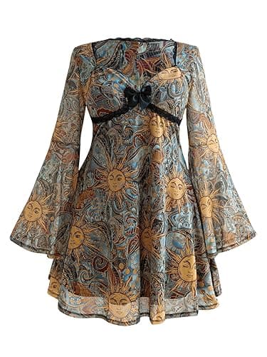 BEAUDRM Women's Y2k Plus Size Hippie Vintage Boho Dress Leopard Bell Long Sleeve V Neck Bow Mesh Fall Mini Dresses - Image 1