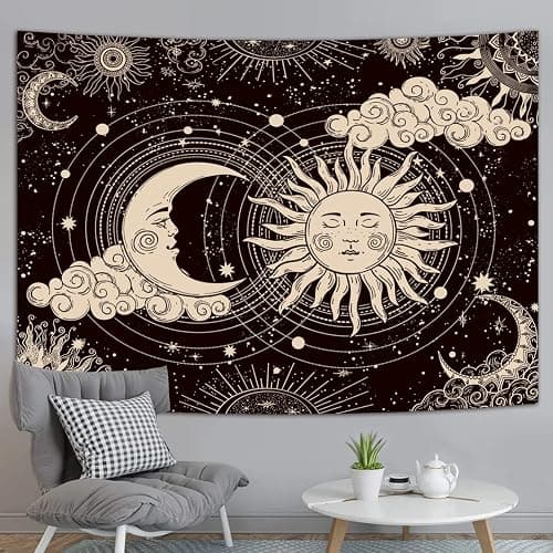 Wonrizon Sun and Moon Tapestry, Aesthetic Black Dark Spiritual Tapestries Mystic Burning Sun with Clouds Star Wall Hanging decor for Bedroom (51.2" x 59.1") thumbnail 5