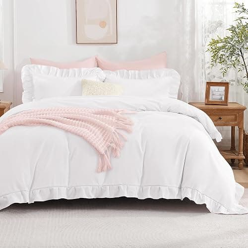 Andency White Ruffle Duvet Cover Queen(90x90Inch), 3 Pieces Soft Washed Microfiber Vintage Shabby Chic Farmhouse Ruffled Duvet Cover Set with Zipper Closure & Corner Ties thumbnail 2