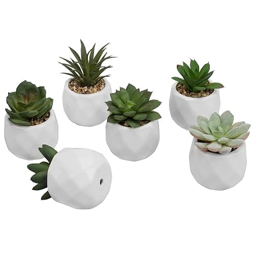 MyGift Mini Assorted Green Faux Succulent, Indoor Fake Plants in Geometric Ceramic Pots, Set of 6 thumbnail 6
