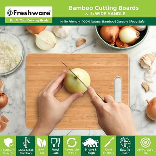 Bamboo Cutting Boards for Kitchen [Set of 3] Wood Cutting Board for Chopping Meat, Vegetables, Fruits, Cheese, Knife Friendly Serving Tray with Handles thumbnail 4