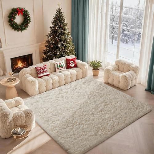 Ophanie Rugs for Living Room, Upgrade Non-Slip Fluffy Soft 5x8 Area Rug, Shag Large Fuzzy Plush Carpets for Bedroom Ivory, Shaggy Kids Boys Girls Dorm Nursery Home Decor Aesthetic - Image 1