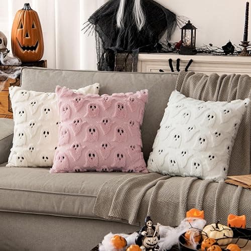 MIULEE White Halloween Pillow Covers Cute Ghost Decor Set of 2 18x18 | Soft Plush Faux Fur, Spooky Decor, Fall Decorative Throw Pillows for Couch Sofa Bed Porch Living Room thumbnail 2