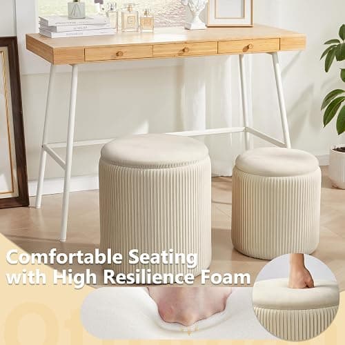 Royal Windsor Round Ottoman with Storage Set of 2, Storage Vanity Stool | Velvet Upholstered Round Storage Ottoman, Ottoman Coffee Table, Small Foot Stool for Living Room & Bedroom, Beige thumbnail 5