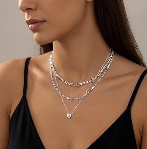 WomenGifts Layered Gold Necklaces for Women, 14K Gold Sterling Silver Plated Dainty Pendant Necklace Set Non Tarnish, Chunky Stackable Cuban Chain Choker, Trendy Birthstone Vacation Jewelry Gift thumbnail 2