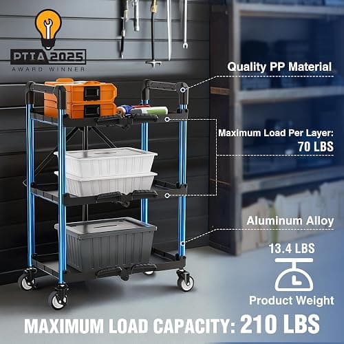 WORKPRO 3-Tier Collapsible Service Cart, 210 LBS Foldable Utility Service Cart with Wheels, Portable Tool Cart for Garage, Warehouse, Home, Restaurant, Office (No Assembly Required) thumbnail 4