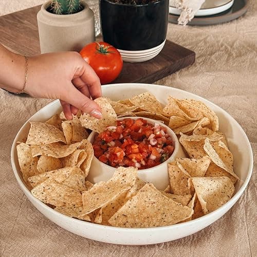 Mora Ceramic Chips and Dip Serving Tray: Large Divided Party Bowl Set for Chips & Salsa, Veggies & Dip, Fruit, Snacks, Entertaining, Hosting, etc. Minimalist Design for the Modern Hostess - White thumbnail 2