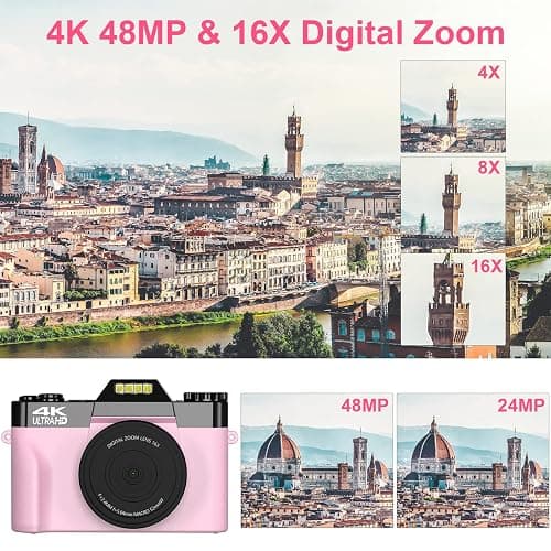 VETEK Digital Cameras for Photography, 4K 48MP Vlogging Camera 16X Digital Zoom Manual Focus Students Compact Camera with 52mm Wide-Angle Lens & Macro Lens, 32G Micro Card and 2 Batteries (Pink) thumbnail 2