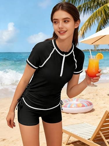 TyeSmo Girls Swimsuit Rash Guard Bathing Suit for Girls 2 Piece Short Sleeve Solid Color UPF 50+ Padded Zip Swimwear 7-14y thumbnail 4