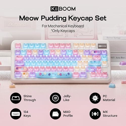KiiBOOM Cute Cat Keycaps Set, Mao Profile, Cat Shape | PC Keycap for MX Switch Mechanical Keyboard, Compatible with 60%, 65%, 75%, TKL, 96%, Full-Sized Layout (Meow Pudding) thumbnail 2
