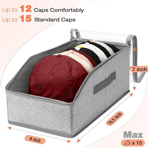 Rnhiehd Hat Organizer for Baseball Caps, Hat Storage with Large Clear Window for Closet, Hat Box with Cardboard Liner, Dust-Resistant, Stackable, Holds 12-15 Caps, Grey thumbnail 2