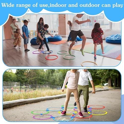 CIATBYYJ 2 Sets 11inch Hopscotch Rings, 10 Plastic Round Hoops with Blue Clips Connectors, Obstacle Course Agility Balance Training Rings, Outdoor Indoor Games Hopscotch Set for Fun and Fitness thumbnail 3