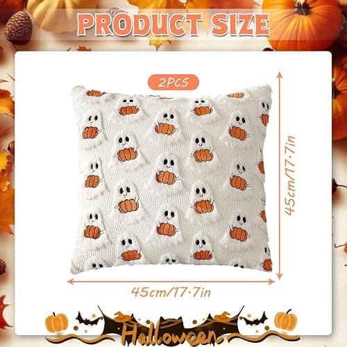 Halloween Pillow Covers 18x18 Inch, Set of 2, 3D Plush Ghosts with Pumpkins | Soft polyester, faux fur details, embroidered pumpkins, hidden zipper, inserts not included, for couch and bed decor thumbnail 2