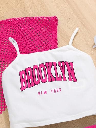 Verdusa Girl's 3 Piece Outfits Letter Print Cami Top Track Shorts with Short Sleeve Mesh Tee Top - 12-13Y - Hot Pink thumbnail 3