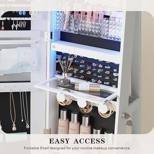 360°Swivel jewelry organizer with Full Length Mirror with Lights,Jewelry Armoire Cabinet Standing with Drawers,Large Mirror Storage for Jewelry and Makeup,Best Gift for Mom,Wife & Girls（White） thumbnail 7