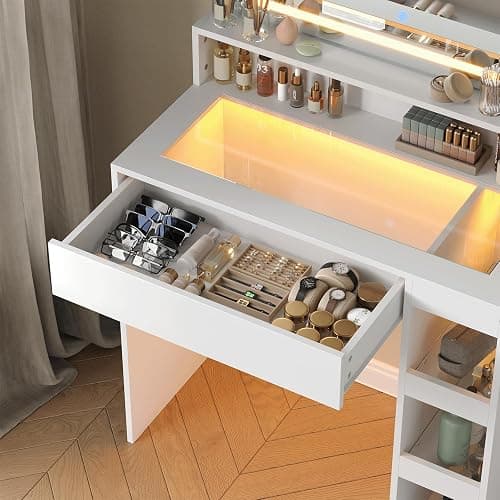 HuaYing Makeup Vanity Desk with Mirror and Lights, LED Tempered Glass Top, 3 Lighting Modes Brightness Adjustable,Power Outlet,Bedroom Dressing Table, Snow White thumbnail 9