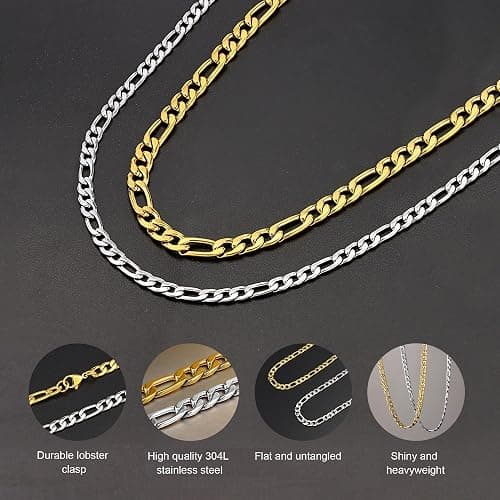 SANNYRA Figaro Chain for Men, Mens Chains Necklaces, Stainless Steel 2-8.5mm 12-36inches 18K Gold Plated Silver Plated Necklace for Women - Image 1