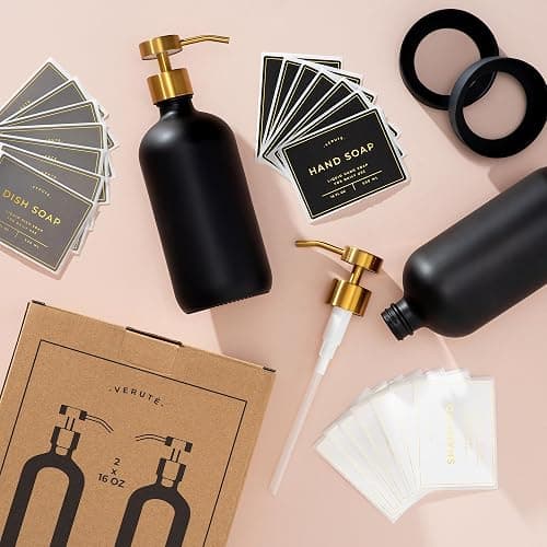 Hand and Dish Soap Dispenser for Kitchen and Bathroom, Set of 2 16 Oz Glass Bottles, Stainless Steel Pumps, Non-Slip Silicone Base, 27 Waterproof Labels (Matte Black Bottle/Brushed Gold Pump) thumbnail 8