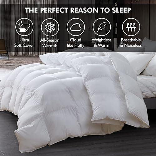 Luxurious Oversize California King 108" x 98" Size Goose Down Fiber Waterfowl Feather Fiber Comforter Duvet, 100% Egyptian Cotton Cover, 68 oz. Fill Weight, Baffle Box Design, White Solid thumbnail 4