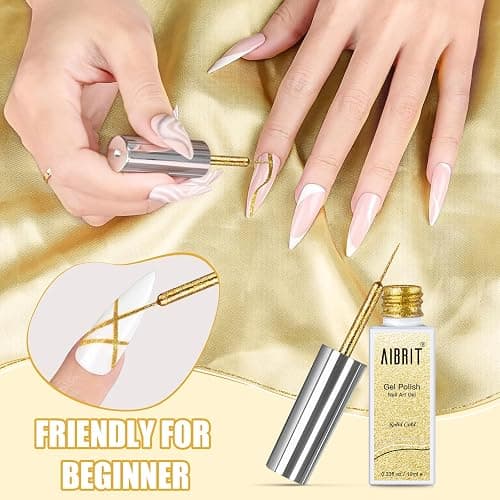 Gel Liner Art Polish Set 10ml, 4 Colors Black White Gold Silver Design Paint with Thin Brush in Bottle for Swirl/ Euphoria French Tips Manicure Painting DIY at Home thumbnail 5