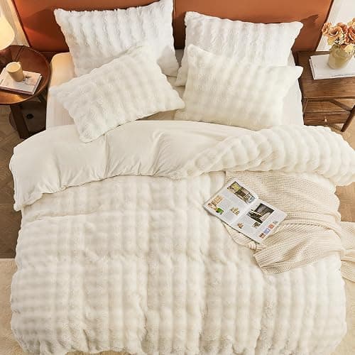 EMME Faux Fur Duvet Cover King Size, 3 Pieces Ultra Soft Fluffy Comforter Cover, Cozy Warm for Winter, Luxury Elegant Shaggy Bubble Design Bedding, 1 Duvet Cover & 2 Pillow Shams (King, Cream White) thumbnail 5