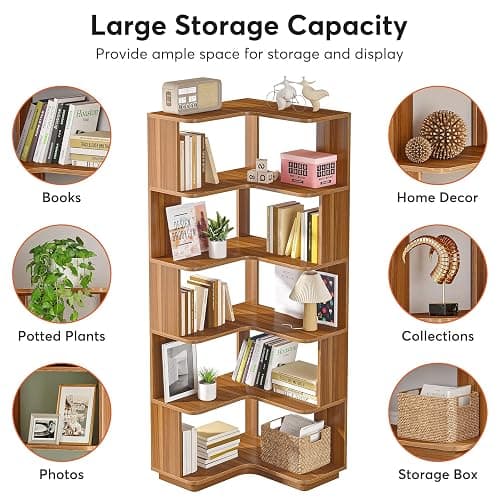 LITTLE TREE 6-Shelf Corner Bookshelf, 65” Tall L Shaped Bookcase, 6-Tier Industrial Corner Shelf Storage Display Rack for Living Room Home Office, Wood Grain Walnut thumbnail 8