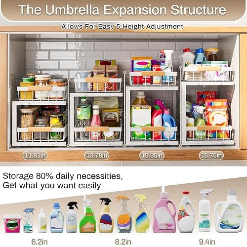 ADBIU Under Sink Organizer 2 Pack, Adjustable Height (11"-15.75") Under Cabinet Storage, 2 Tier Pull Out Sliding Drawers for Kitchen Bathroom, Heavy Duty Metal Shelf, White thumbnail 5