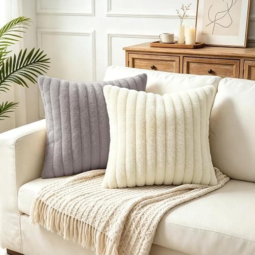 Set of 2 Faux Fur Decorative Soft Striped Cushion Covers 45x45 cm,Cream Soft Couch Square Throw Pillow Covers 18x18 Inch with Invisible Zipper for Sofa Bedroom Decorative Fluffy Large Pillowcases thumbnail 4