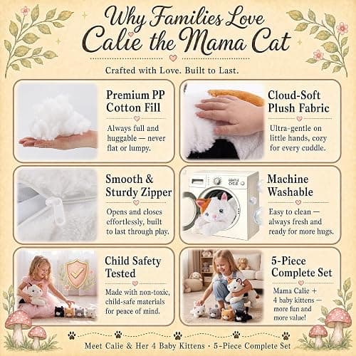 gnomantic Cat Stuffed Animals with Babies Inside, Mommy Toy for Kids | 5-Piece set: 1 mommy cat + 4 baby kittens inside. Unzip belly to reveal surprise babies. Ultra-soft, ages 3-8. thumbnail 5