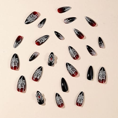 MERVF Almond Press on Nails Medium Fake Nails Red Black French Tip Ombre Glue ons 3D Spider Rhinestones Press ons Stiletto Acrylic False Nail with Web Design Glossy 24pcs thumbnail 4