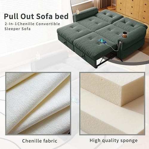 ZHCREAL 77" Queen Size Sofa Bed, Loveseat Sleeper Sofa with Pull Out Bed and USB, 2 Seater Convertible Small Couch for Living Room Bedroom Apartment (Green, Chenille) thumbnail 4
