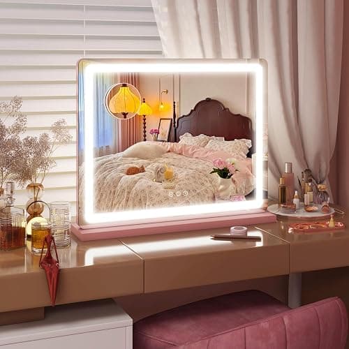FENNIO 23" x 18" Vanity Mirror with Lights，LED Makeup Mirror，Hollywood Mirror with 3 Color Modes & Adjustable Brightness，Vanity Mirror Pink thumbnail 6