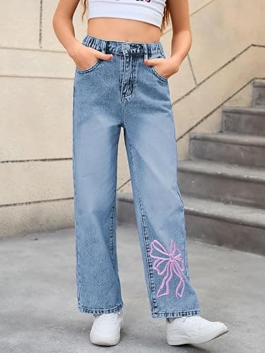 WDIRARA Girl's Bow Print Back Zipper Fly Elastic High Waist Denim Pants Basic Wide Leg Jeans thumbnail 2