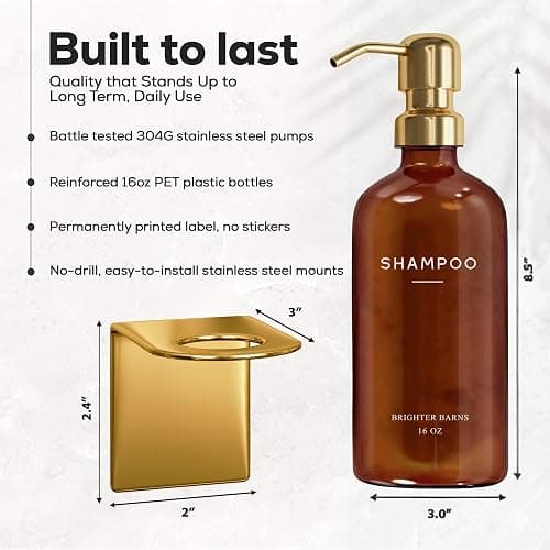 Luxury Shampoo and Conditioner Dispenser Set Wall Mounted by Brighter Barns - Plastic Shower Dispenser Set - 3 Chamber Drill Free Shampoo Bottle - Modern Bathroom Decor for Guest Bathroom (Amber Gold) thumbnail 2