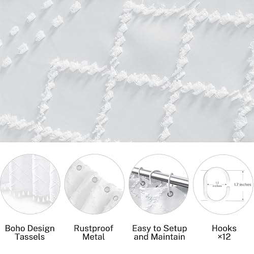White Boho Shower Curtain Fabric Shower Curtains with Tassel 72 x 72 Modern Textured Shower Curtain Farmhouse Minimalist, Tufted Chevron Striped Shabby Chic, Water Resistant Cloth Curtain for Bathroom thumbnail 6