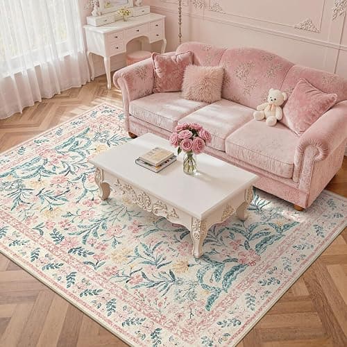 Wonnitar Pink Rugs for Nursery, 5x7 Washable Rug for Bedroom Girls, Boho Soft Floral Carpet Non Slip, Indoor Ultra-Thin Floor Carpet for Baby Kids Room Living Room Dorm Decor thumbnail 5