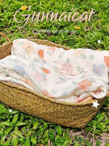 Gunnaicat Baby Swaddel Blanket Cotton Muslin Thick Crib Bedding Dotted Backing Double Layer Receiving Blanket 40"x40" (Strawberry Flower) thumbnail 2