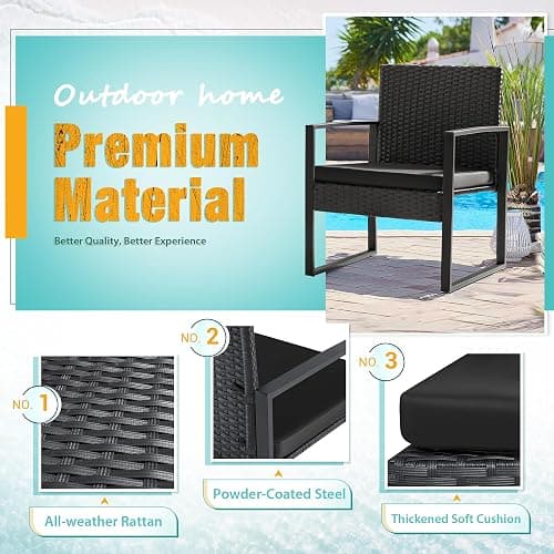Flamaker 3 Pieces Outdoor Patio Wicker Furniture Set, Modern Rattan Chair Conversation Sets with Coffee Table for Yard and Bistro (Black) thumbnail 4