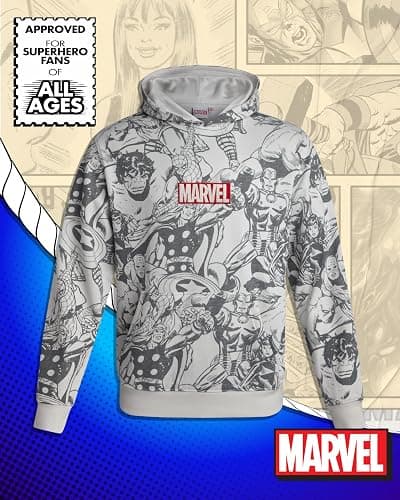 Marvel Mens Graphic Hoodie Soft Fleece Pullover Hooded Sweatshirt for Men | Bold All-Over Comic Print Featuring Hulk, Spider-Man, & Iron Man, Relaxed Regular Fit, Ribbed Cuffs thumbnail 2