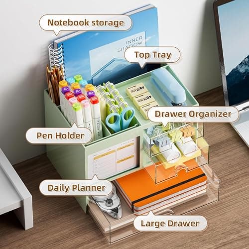 Marbrasse Desk Organizer with 3 Drawer, Multi-Functional Pencil Pen Holder for Desk, Desk Organizers and Accessories with 4 Compartments, Desktop Organizer Storage for Office Home Supplies (Green) thumbnail 4