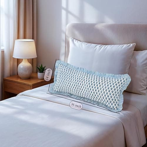 CPC Apatite Blue 100% Cotton Block Print Ruffle Sham Cover 14x36 inch, Handmade Boho Floral Pillowcase, Farmhouse Cottagecore Bedding, Soft Decorative Cushion Cover for Bedroom Décor thumbnail 8