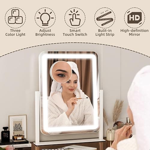 FENNIO Rounded Corner Lighted Vanity Mirror, 17" x 13" Makeup Mirror with Lights, 10X Magnifying Mirror, 3 Color Dimmable LED, Touch Control, Aluminum Stand, White thumbnail 4