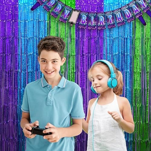 Mega-L Video Game Birthday Decorations, 2Pack Purple Blue Green for Night Backdrop Streamers 3.3x6.6ft Foil Fringe Curtains for Boys Game Fans Holiday Party Supplies Pixel Photobooth Props Wall Decors thumbnail 5