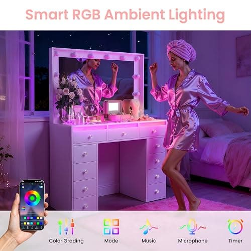 IFSEB Makeup Vanity Desk with LED Lights and Large 36.9’’ Mirror 11 Drawers | Vanity with RGB Glass Top & 3 Color Hollywood Bulbs, Make Up Vanity with Charging Station & Crystal Knobs, White thumbnail 5