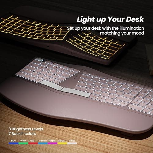 Nulea RT05 Wireless Ergonomic Keyboard, Split Keyboard with Wrist Rest, USB-C Charging, 7-Color Backlight, Natural Typing, Bluetooth and USB Connectivity, Compatible with Windows,Mac(Pink) thumbnail 6