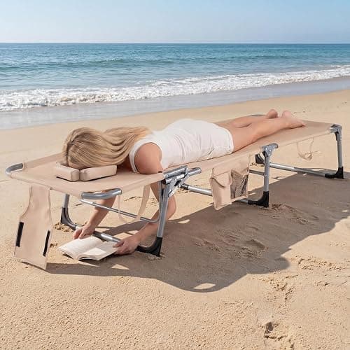 COSTWAY Tanning Chair with Face Hole, Folding Beach Lounge Chair with 4-Position Adjustable Backrest, Pillow & Side Pocket, Foldable Chaise Lounge Chair Outdoor for Sunbathing, Camping (1, Beige) thumbnail 2
