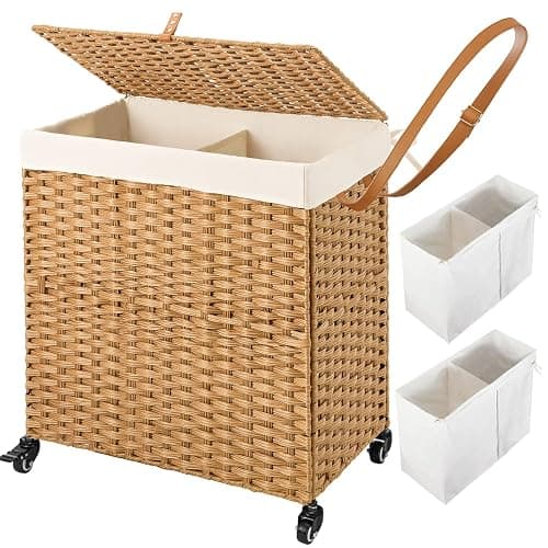 Greenstell Laundry Hamper with Wheels, No Install Needed, 110L Divided Handwoven Hampers & 2 Removable Liner Bags, Synthetic Rattan Clothes Laundry Basket with Lid & Handles, Foldable Hampers Natural - Image 1